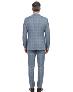 English Laundry Light Gray with Blue Check Slim Fit Notch Lapel Wool Blend 2 Button Suit