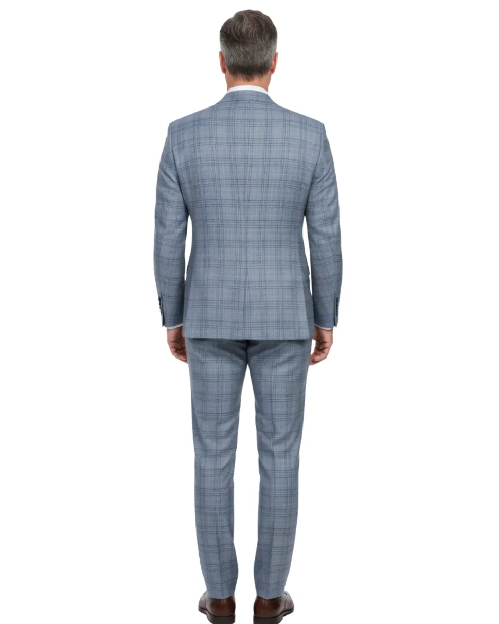 English Laundry Light Gray with Blue Check Slim Fit Notch Lapel Wool Blend 2 Button Suit