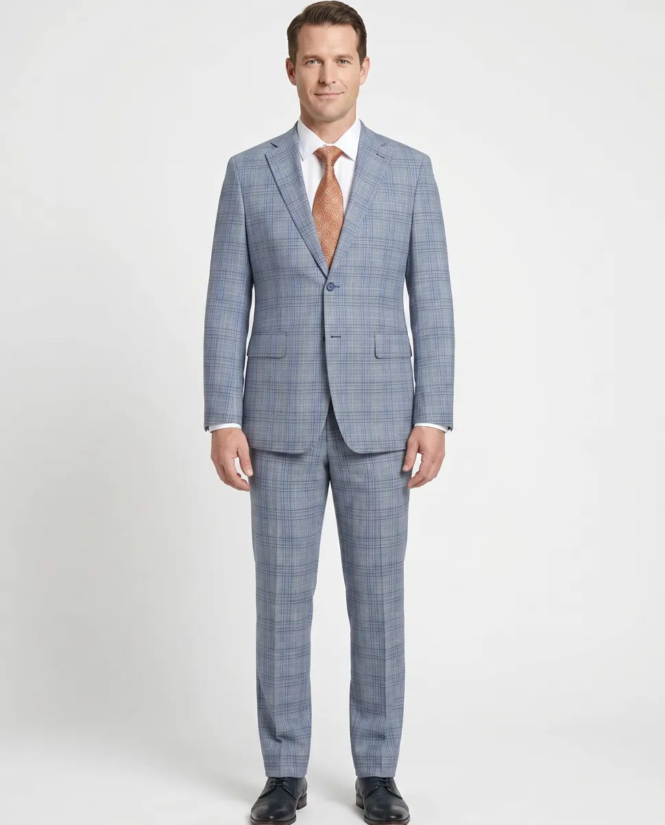 English Laundry Light Gray with Blue Check Slim Fit Notch Lapel Wool Blend 2 Button Suit