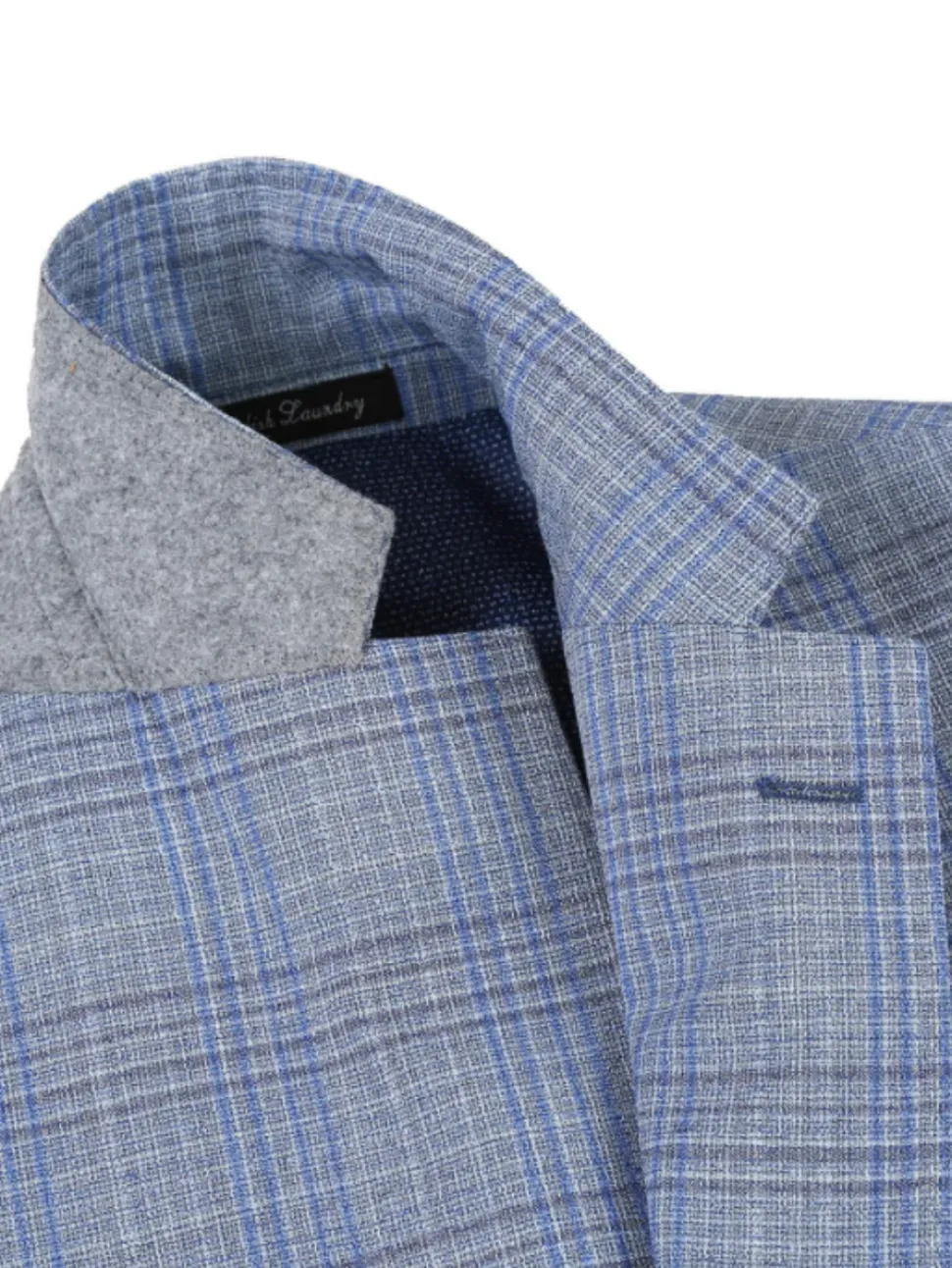 English Laundry Light Gray with Blue Check Slim Fit Notch Lapel Wool Blend 2 Button Suit