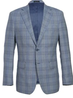 English Laundry Light Gray with Blue Check Slim Fit Notch Lapel Wool Blend 2 Button Suit