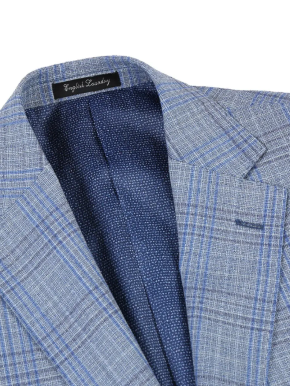 English Laundry Light Gray with Blue Check Slim Fit Notch Lapel Wool Blend 2 Button Suit