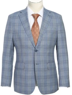 English Laundry Light Gray with Blue Check Slim Fit Notch Lapel Wool Blend 2 Button Suit