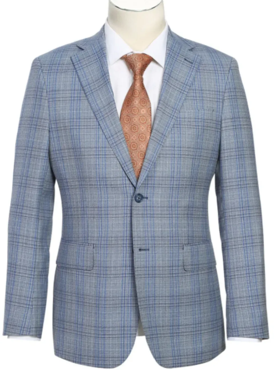 English Laundry Light Gray with Blue Check Slim Fit Notch Lapel Wool Blend 2 Button Suit