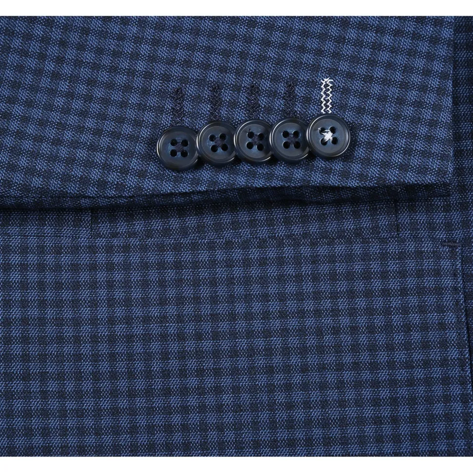 English Laundry Mens Blue & Black Micro Check Slim Fit Peak Lapel 2 Button Stretch Suit