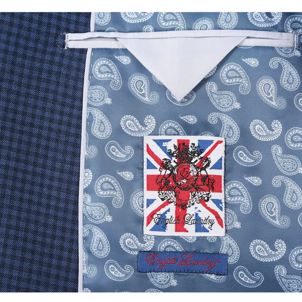 English Laundry Mens Blue & Black Micro Check Slim Fit Peak Lapel 2 Button Stretch Suit