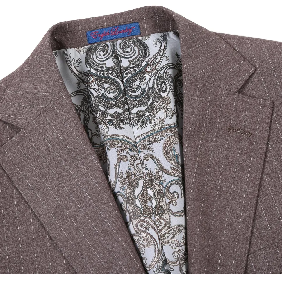 English Laundry Mens Brown Stripe Slim Fit Notch Lapel 2 Button Stretch Suit With Patch Pockets
