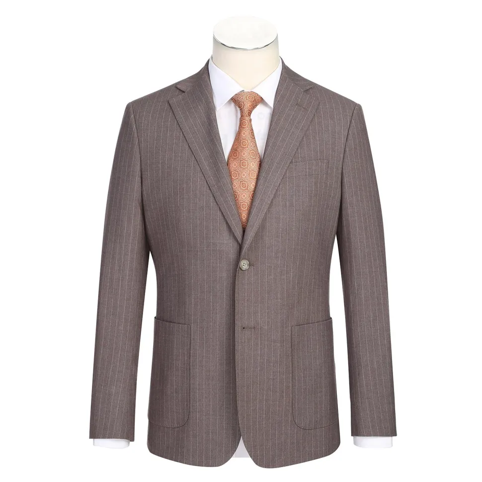 English Laundry Mens Brown Stripe Slim Fit Notch Lapel 2 Button Stretch Suit With Patch Pockets