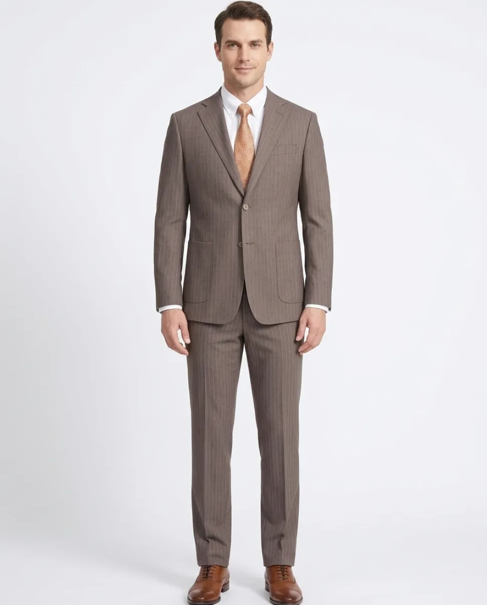 English Laundry Mens Brown Stripe Slim Fit Notch Lapel 2 Button Stretch Suit With Patch Pockets