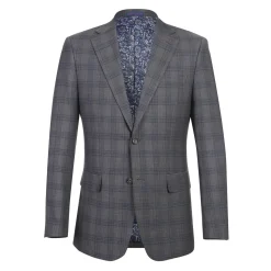 English Laundry Mens Gray & Blue Windowpane Slim Fit Notch Lapel 2 Button Stretch Suit
