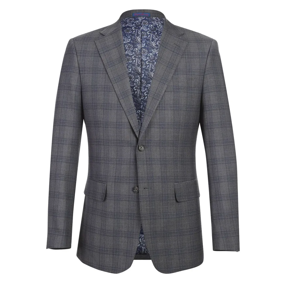English Laundry Mens Gray & Blue Windowpane Slim Fit Notch Lapel 2 Button Stretch Suit