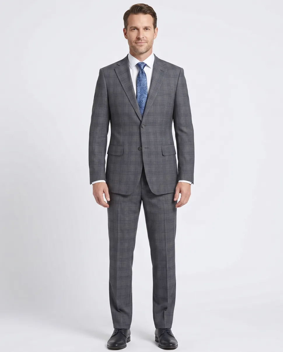 English Laundry Mens Gray & Blue Windowpane Slim Fit Notch Lapel 2 Button Stretch Suit