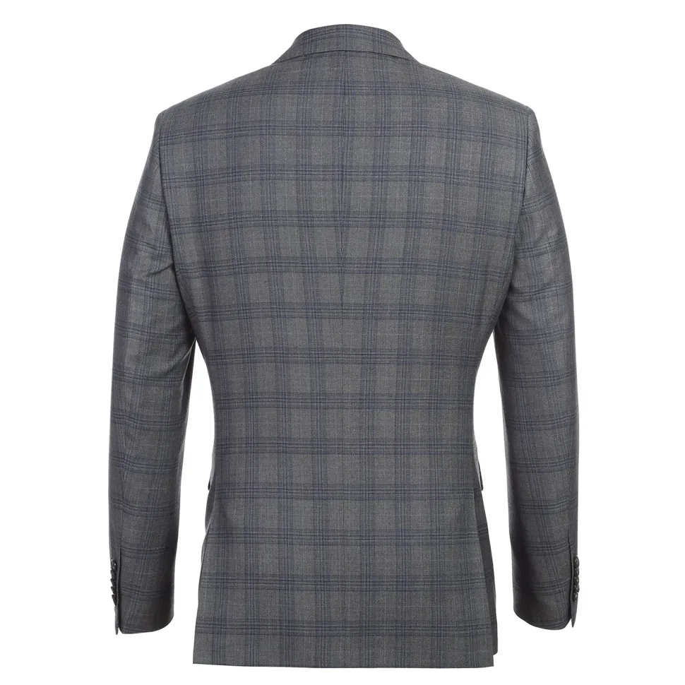 English Laundry Mens Gray & Blue Windowpane Slim Fit Notch Lapel 2 Button Stretch Suit