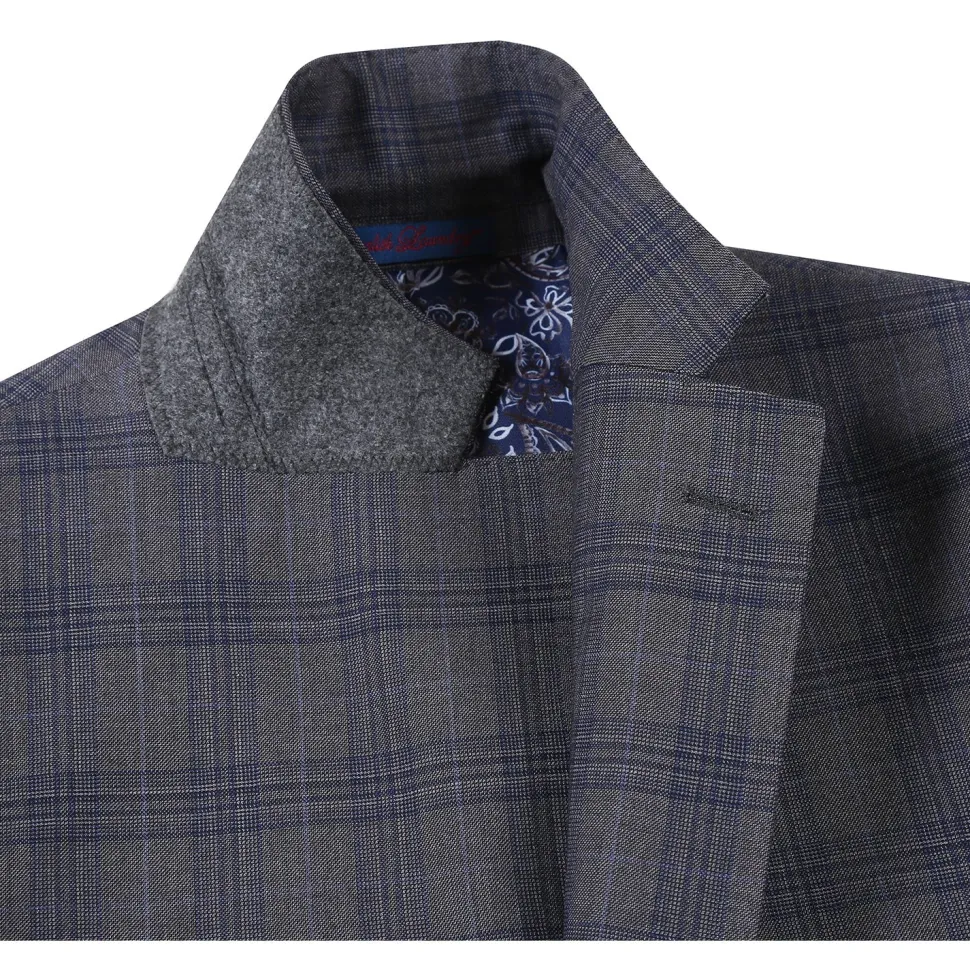 English Laundry Mens Gray & Blue Windowpane Slim Fit Notch Lapel 2 Button Stretch Suit