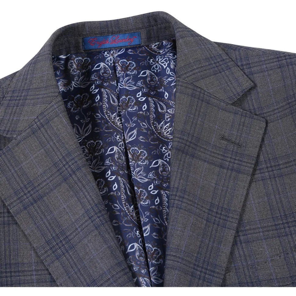 English Laundry Mens Gray & Blue Windowpane Slim Fit Notch Lapel 2 Button Stretch Suit