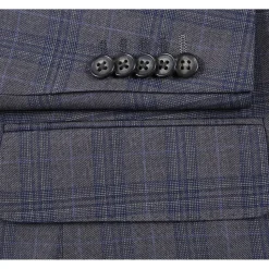 English Laundry Mens Gray & Blue Windowpane Slim Fit Notch Lapel 2 Button Stretch Suit