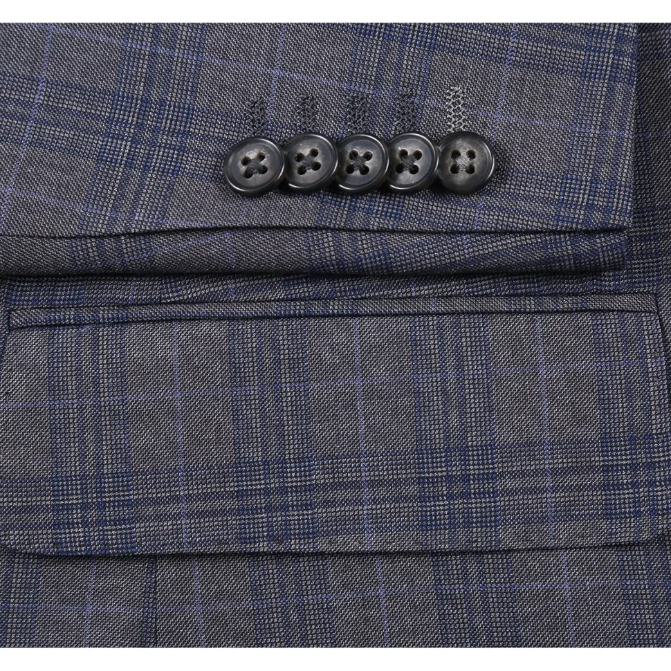 English Laundry Mens Gray & Blue Windowpane Slim Fit Notch Lapel 2 Button Stretch Suit