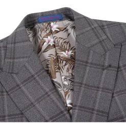 English Laundry Mens Gray & Brown Windowpane Slim Fit Peak Lapel Double-Breasted Stretch Suit