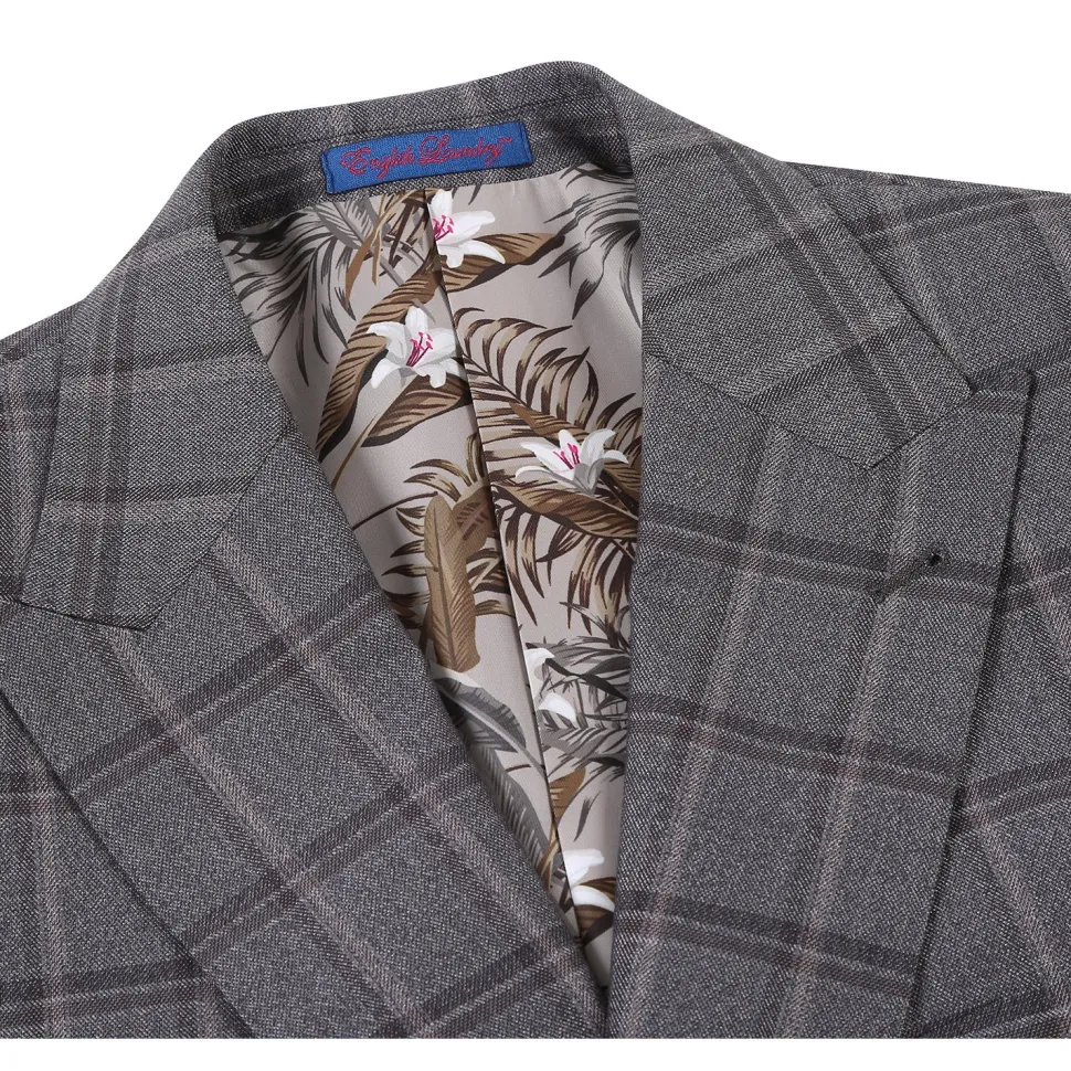 English Laundry Mens Gray & Brown Windowpane Slim Fit Peak Lapel Double-Breasted Stretch Suit