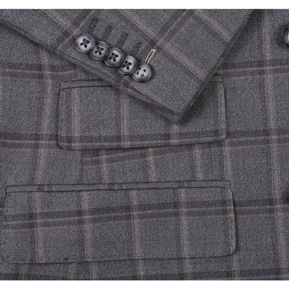 English Laundry Mens Gray & Brown Windowpane Slim Fit Peak Lapel Double-Breasted Stretch Suit