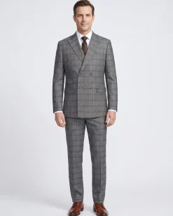 English Laundry Mens Gray & Brown Windowpane Slim Fit Peak Lapel Double-Breasted Stretch Suit