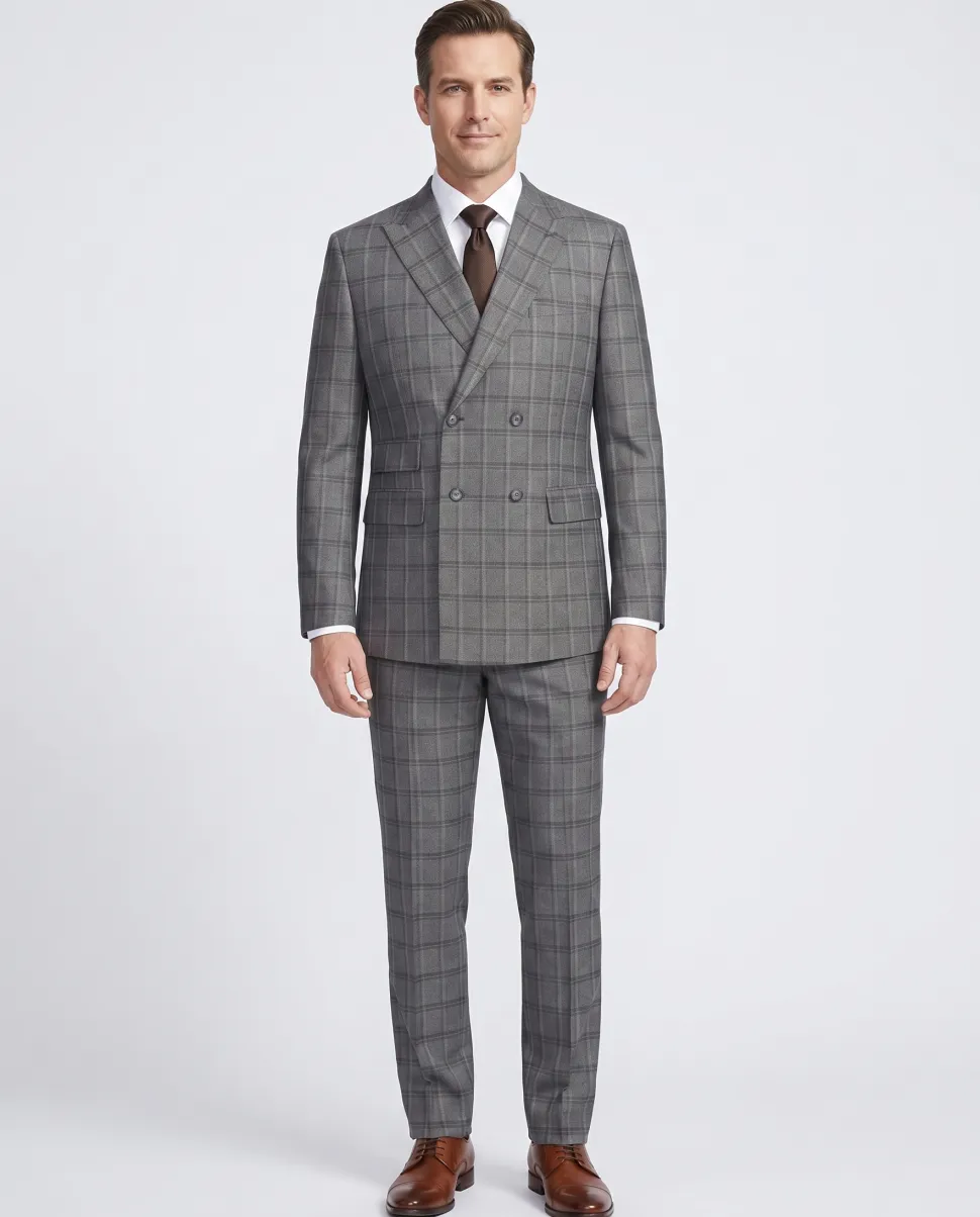 English Laundry Mens Gray & Brown Windowpane Slim Fit Peak Lapel Double-Breasted Stretch Suit