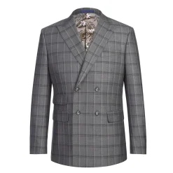 English Laundry Mens Gray & Brown Windowpane Slim Fit Peak Lapel Double-Breasted Stretch Suit