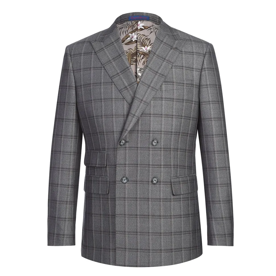 English Laundry Mens Gray & Brown Windowpane Slim Fit Peak Lapel Double-Breasted Stretch Suit