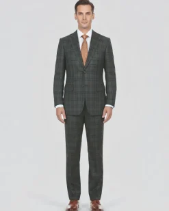 English Laundry Mens Gray With Green Plaid Slim Fit Peak Lapel 2 Button Stretch Suit