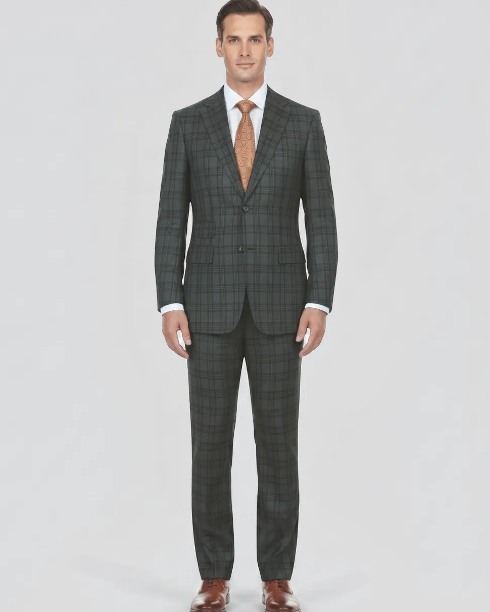 English Laundry Mens Gray With Green Plaid Slim Fit Peak Lapel 2 Button Stretch Suit