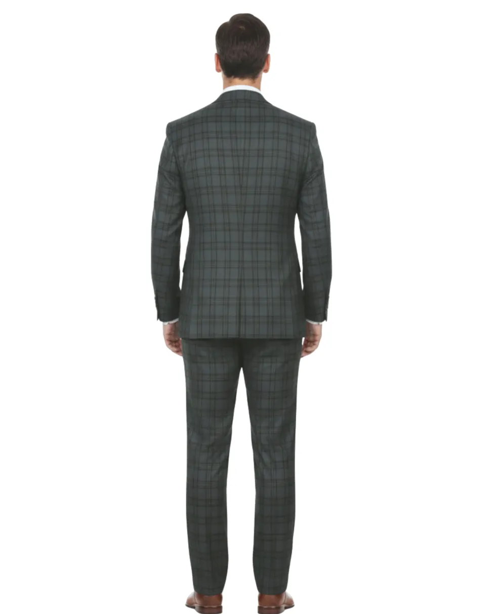English Laundry Mens Gray With Green Plaid Slim Fit Peak Lapel 2 Button Stretch Suit