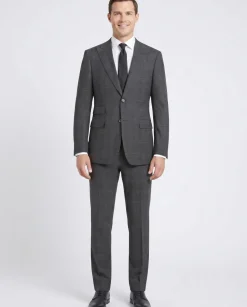 English Laundry Mens Navy & Brown Windowpane Slim Fit Peak Lapel 2 Button Stretch Suit