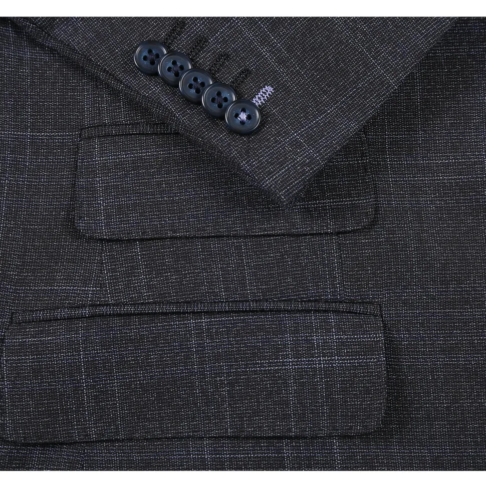 English Laundry Mens Navy & Brown Windowpane Slim Fit Peak Lapel 2 Button Stretch Suit