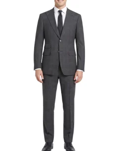 English Laundry Mens Navy & Brown Windowpane Slim Fit Peak Lapel 2 Button Stretch Suit