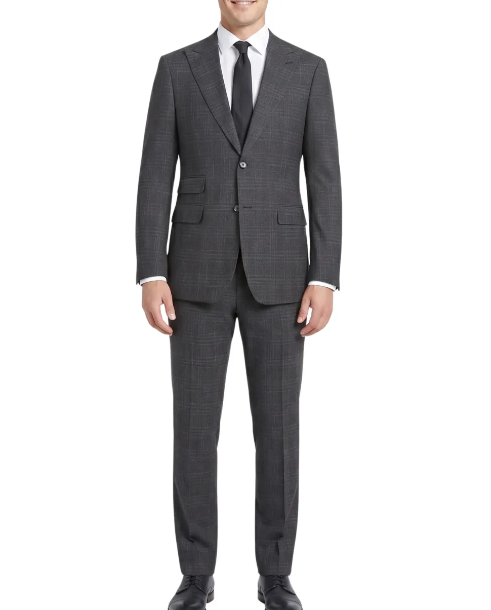 English Laundry Mens Navy & Brown Windowpane Slim Fit Peak Lapel 2 Button Stretch Suit