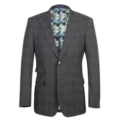 English Laundry Mens Navy & Brown Windowpane Slim Fit Peak Lapel 2 Button Stretch Suit