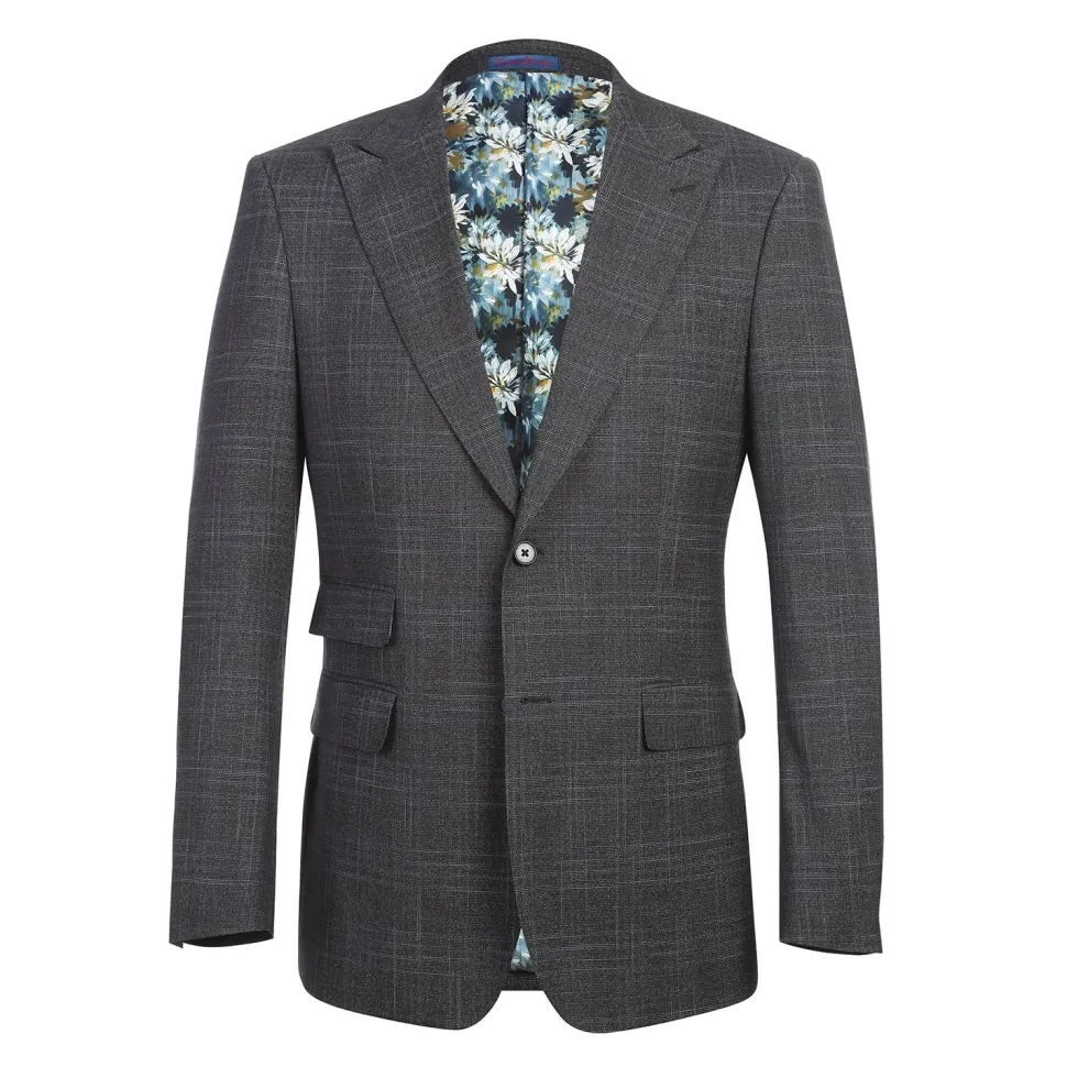 English Laundry Mens Navy & Brown Windowpane Slim Fit Peak Lapel 2 Button Stretch Suit