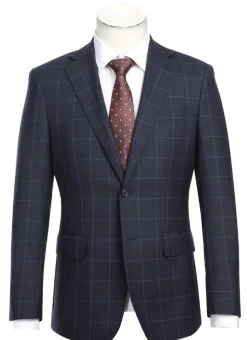 English Laundry Mens Navy Windowpane Slim Fit Notch Lapel 2 Button Wool Suit