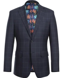 English Laundry Mens Navy Windowpane Slim Fit Notch Lapel 2 Button Wool Suit