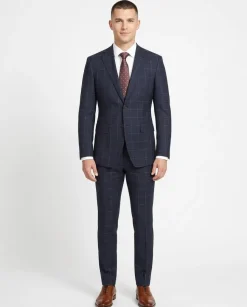 English Laundry Mens Navy Windowpane Slim Fit Notch Lapel 2 Button Wool Suit