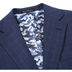 English Laundry Mens Navy Windowpane Plaid Slim Fit Notch Lapel 2 Button Wool Suit
