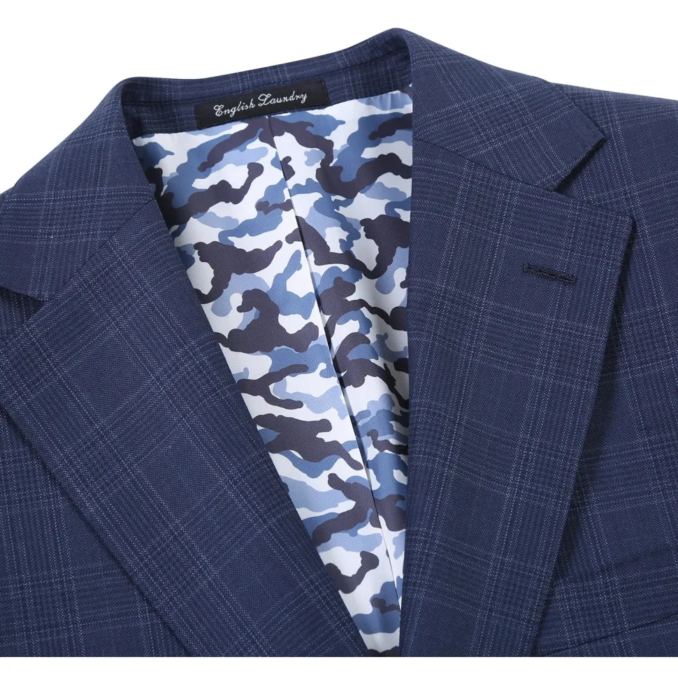 English Laundry Mens Navy Windowpane Plaid Slim Fit Notch Lapel 2 Button Wool Suit