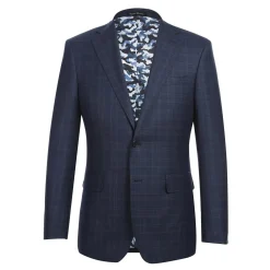 English Laundry Mens Navy Windowpane Plaid Slim Fit Notch Lapel 2 Button Wool Suit