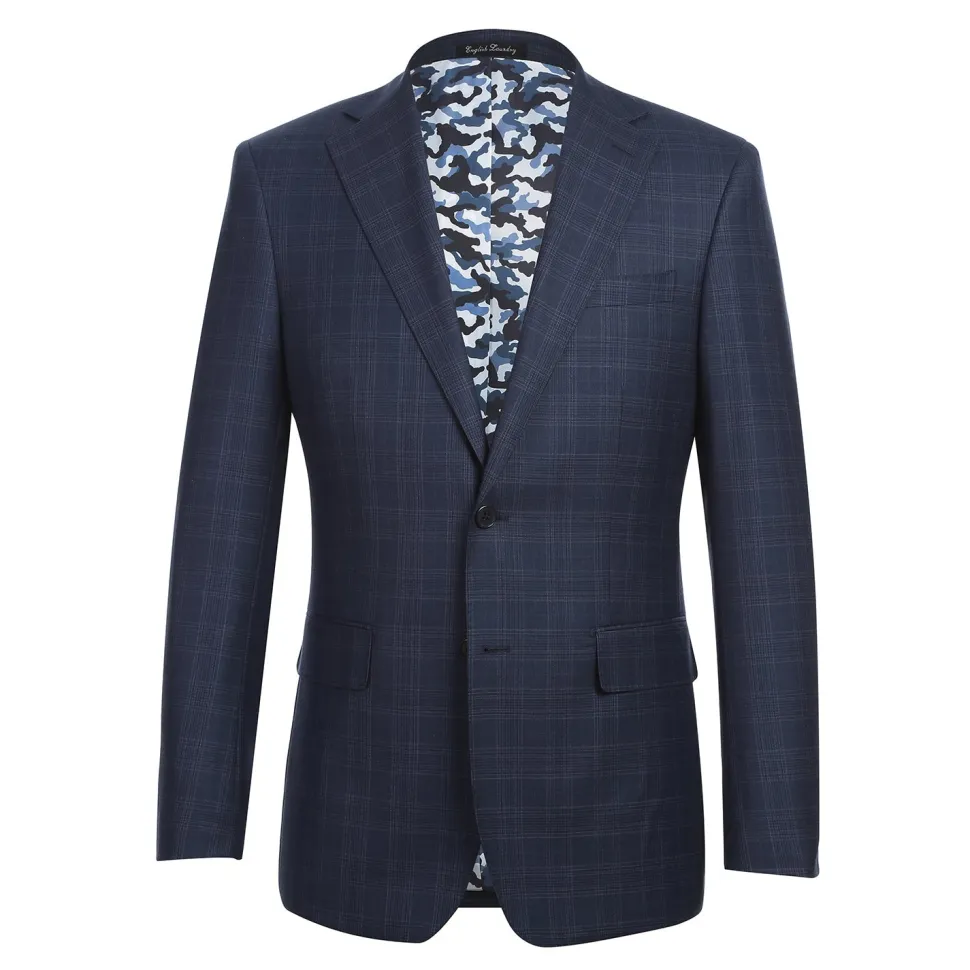 English Laundry Mens Navy Windowpane Plaid Slim Fit Notch Lapel 2 Button Wool Suit