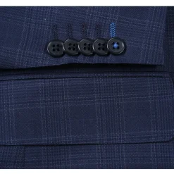 English Laundry Mens Navy Windowpane Plaid Slim Fit Notch Lapel 2 Button Wool Suit