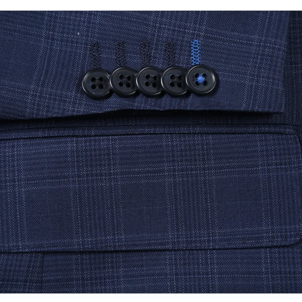 English Laundry Mens Navy Windowpane Plaid Slim Fit Notch Lapel 2 Button Wool Suit