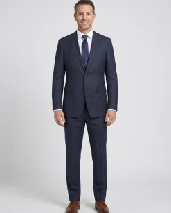 English Laundry Mens Navy Windowpane Plaid Slim Fit Notch Lapel 2 Button Wool Suit