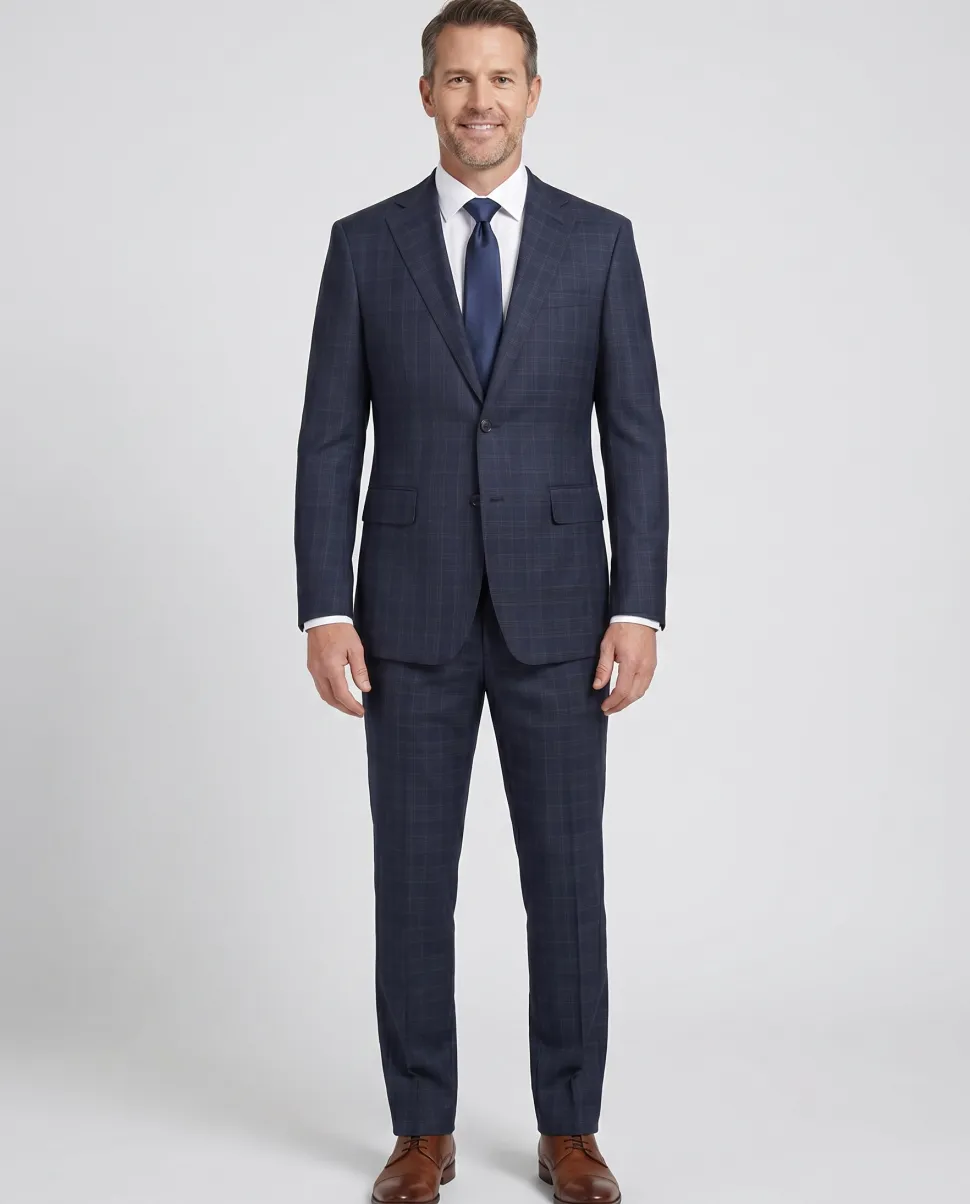 English Laundry Mens Navy Windowpane Plaid Slim Fit Notch Lapel 2 Button Wool Suit