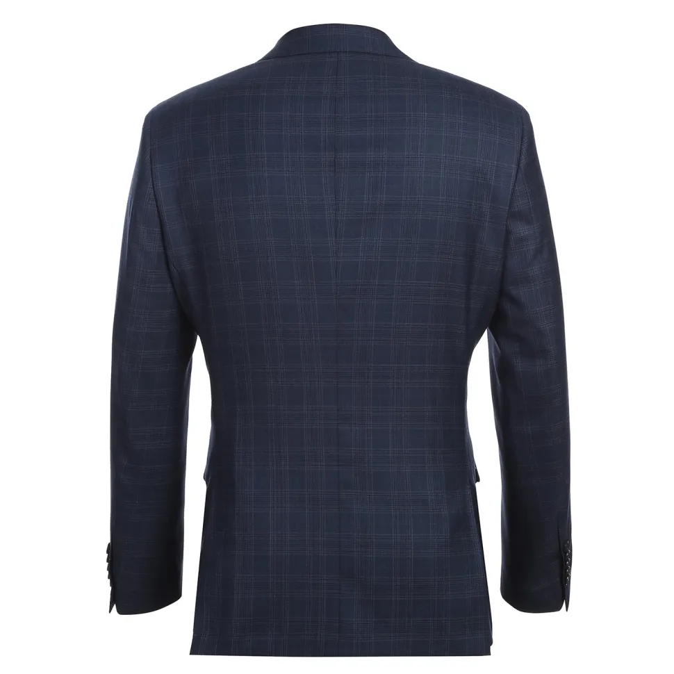 English Laundry Mens Navy Windowpane Plaid Slim Fit Notch Lapel 2 Button Wool Suit