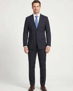 English Laundry Mens Navy Windowpane Slim Fit Notch Lapel 2 Button Stretch Suit